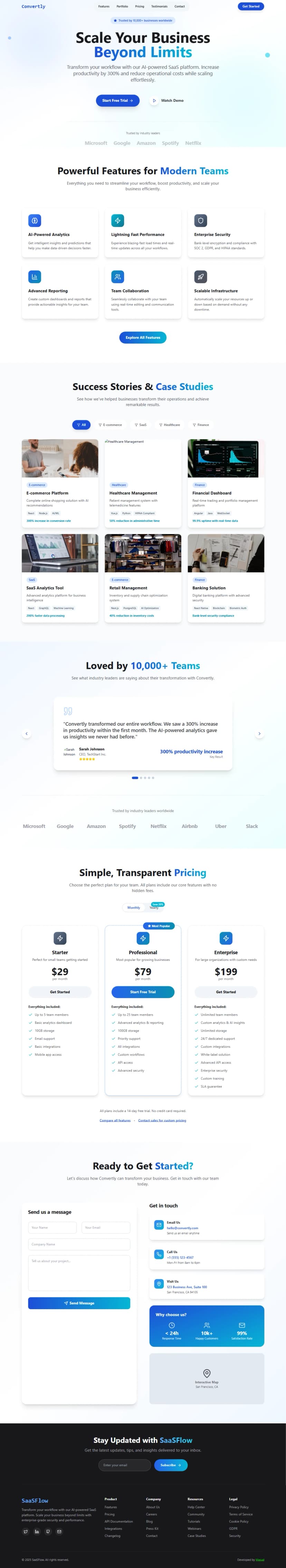 A sleek and modern SaaS landing page showcasing an AI-powered platform designed to highlight innovation and performance. It features a clean layout, clear and compelling messaging, engaging visuals, and smooth animations that enhance user experience and drive conversions.
