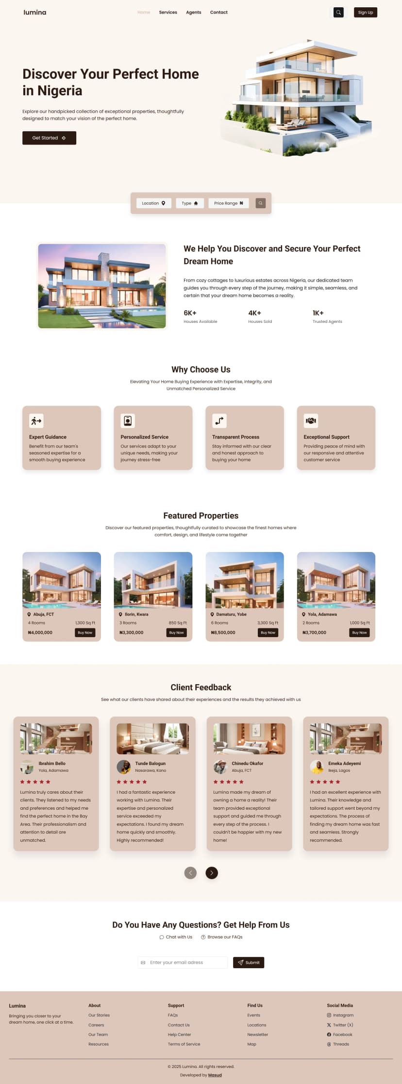 A modern, responsive real estate landing page built to showcase properties with stunning visuals, smooth navigation, and an intuitive user experience. It emphasizes clarity, elegance, and usability to help visitors explore listings effortlessly and take action with confidence.